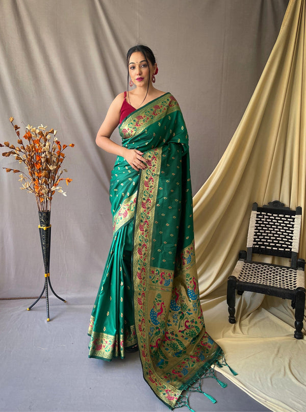 Antique Green Paithani Soft Silk Saree - PAHRAVA