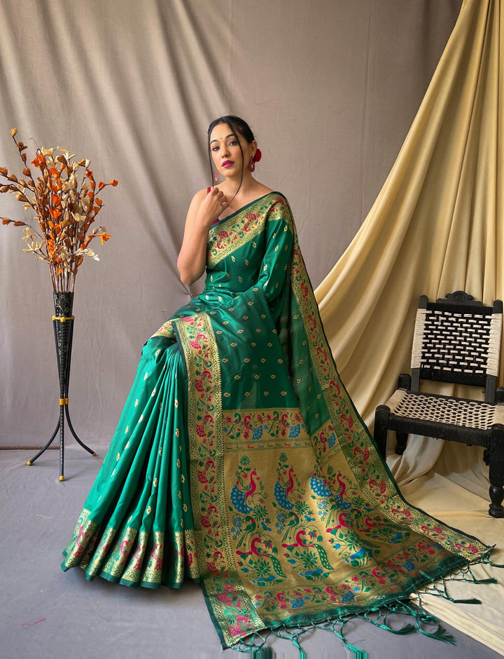 Antique Green Paithani Soft Silk Saree - PAHRAVA