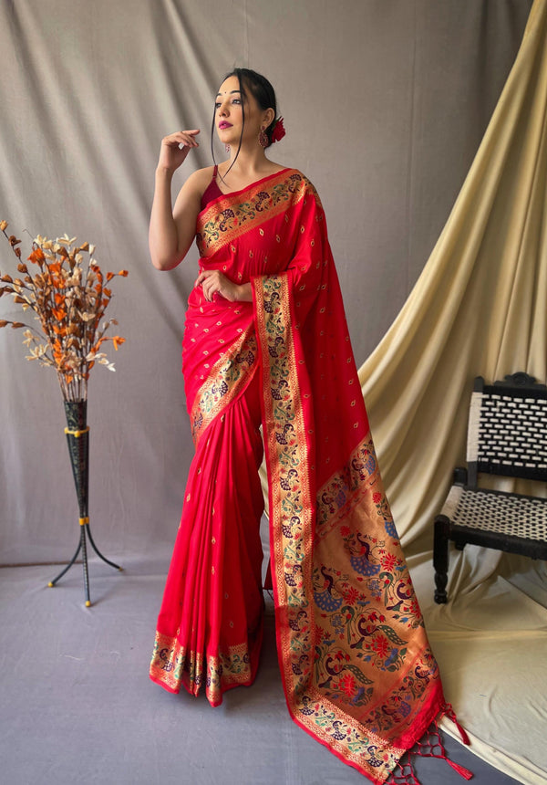 Brick Red Paithani Soft Silk Saree - PAHRAVA