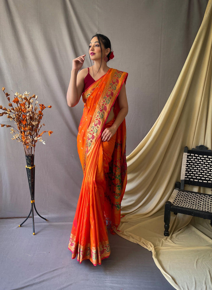 Sunrise Orange Paithani Soft Silk Saree - PAHRAVA