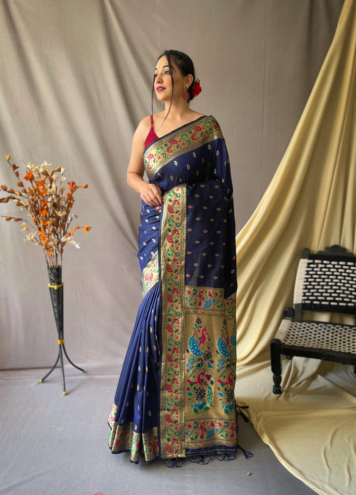 Dark Blue Paithani Soft Silk Saree - PAHRAVA