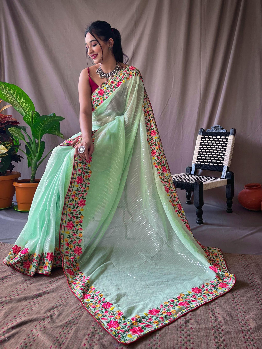 Pista green georgette sequin saree - PAHRAVA