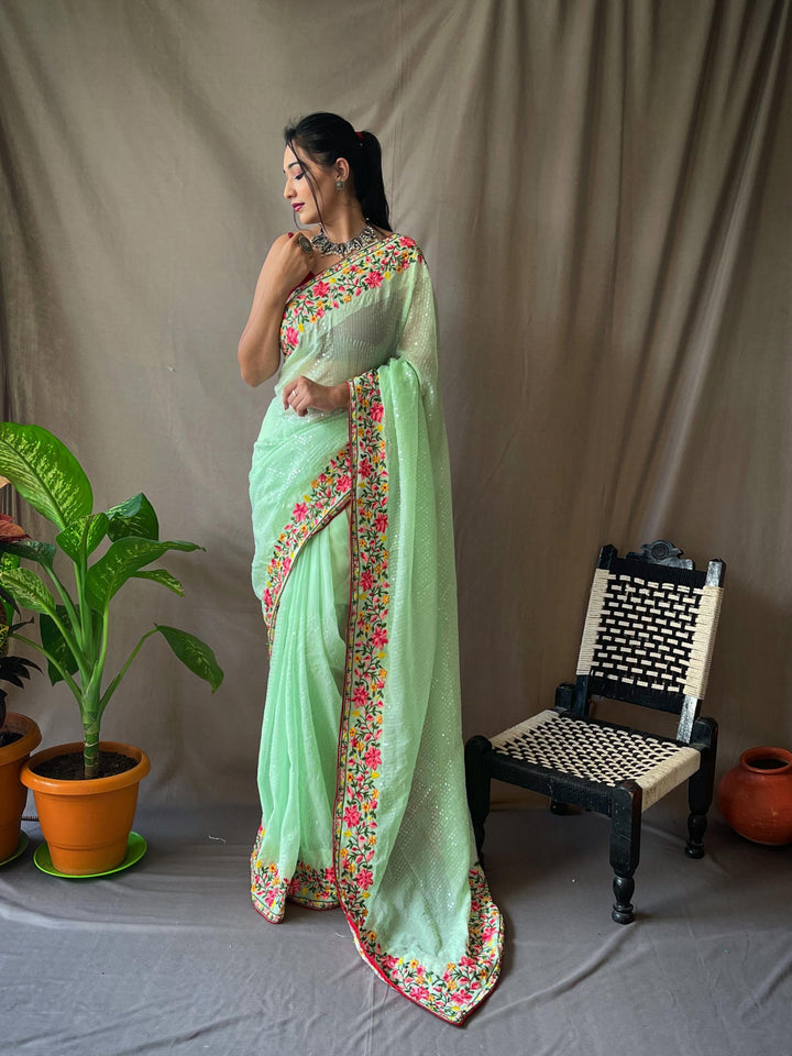 Pista green georgette sequin saree - PAHRAVA