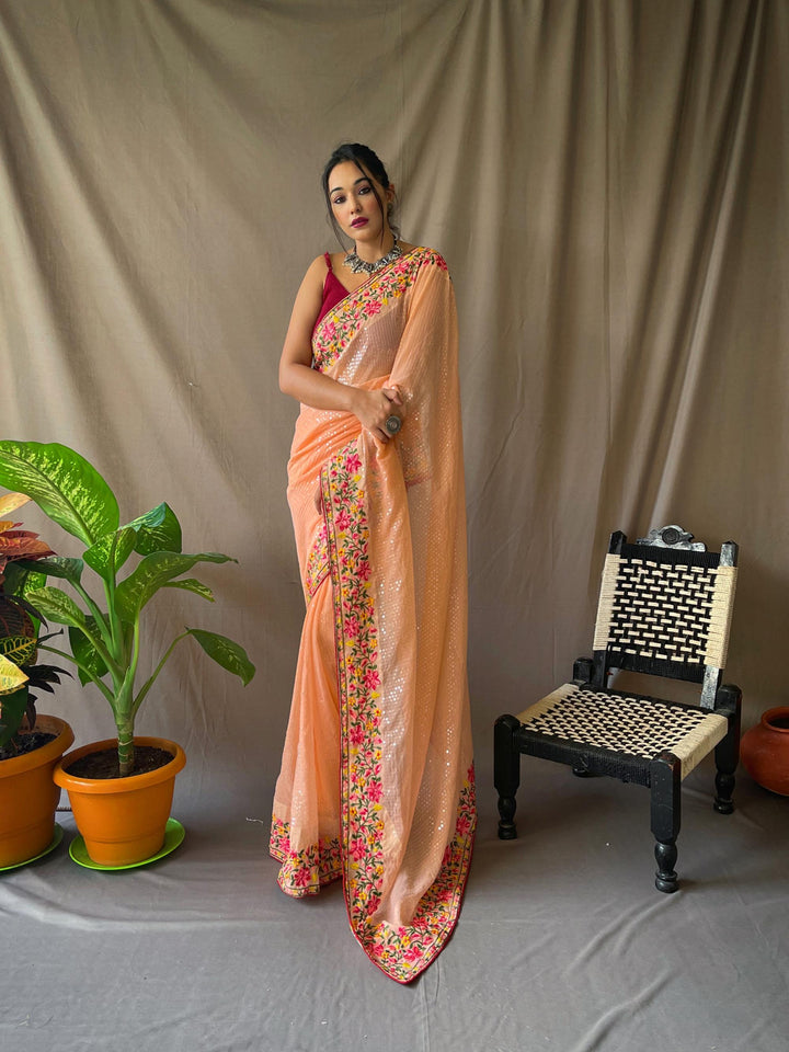 Light orange georgette sequin saree - PAHRAVA