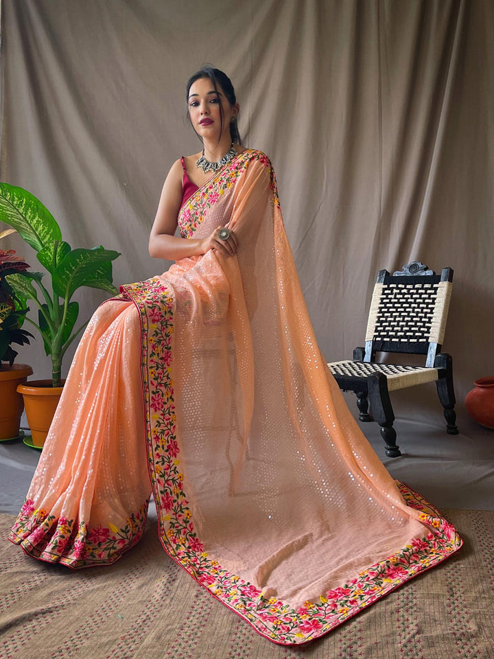 Light orange georgette sequin saree - PAHRAVA