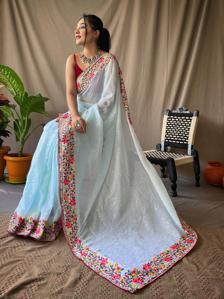 Soft sky blue georgette sequin saree - PAHRAVA