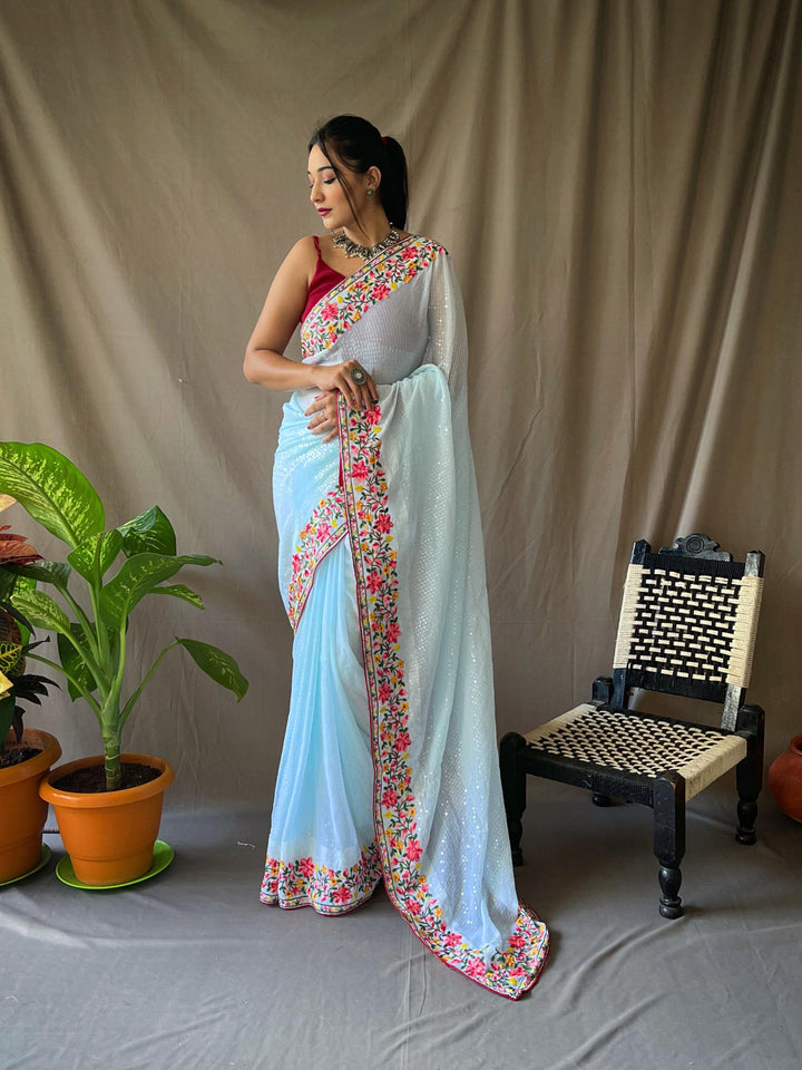 Soft sky blue georgette sequin saree - PAHRAVA