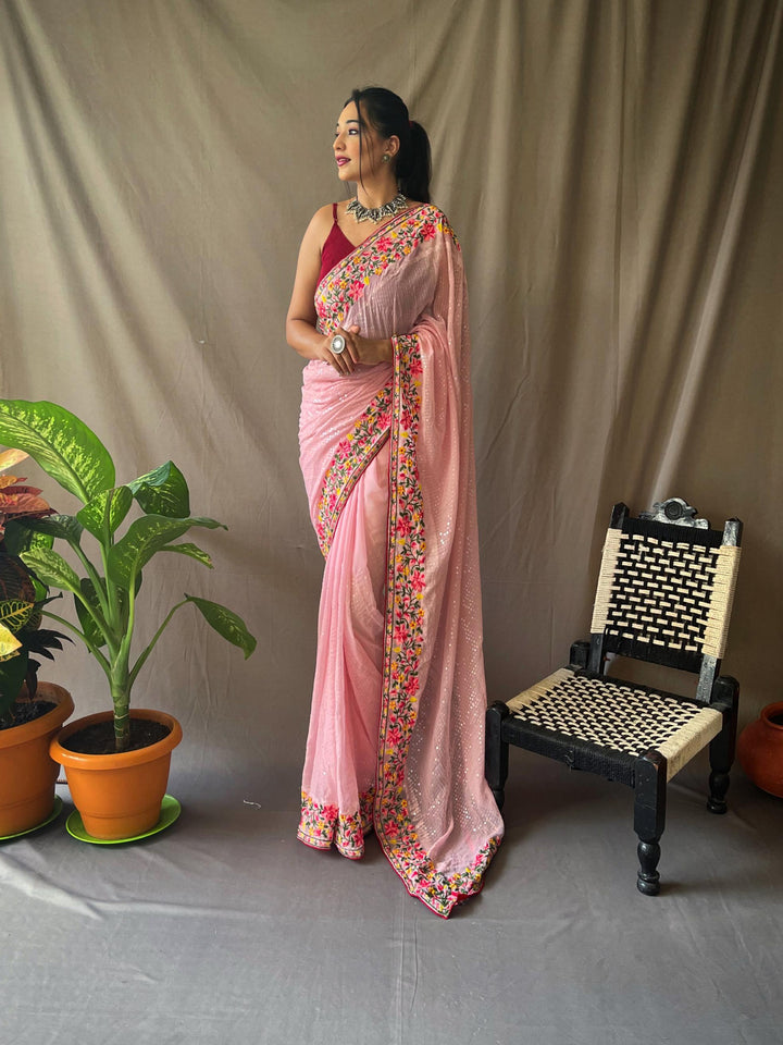 Baby pink georgette sequin saree - PAHRAVA