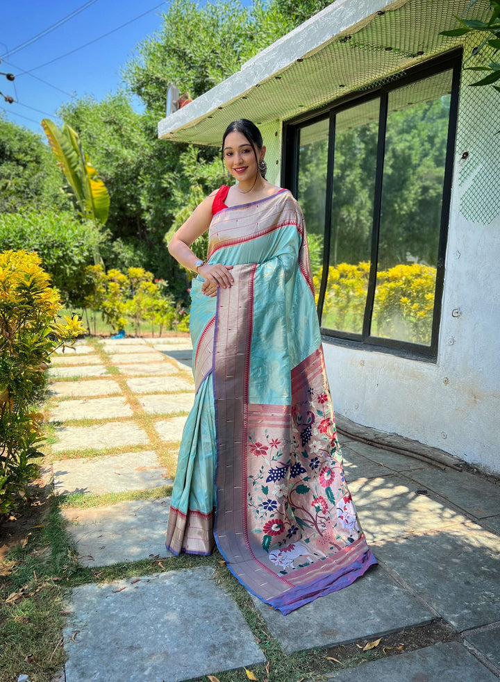 Light Soft Sky blue Paithani Silk Saree - PAHRAVA