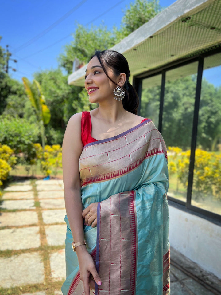 Light Soft Sky blue Paithani Silk Saree - PAHRAVA