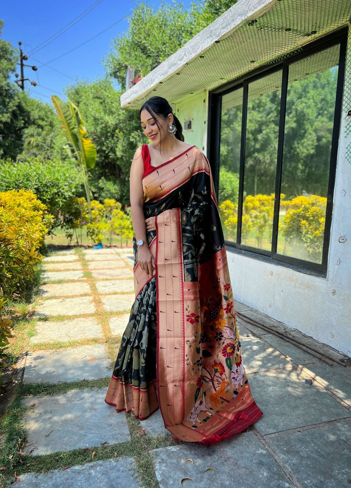 Bold Soft Black Paithani Silk Saree - PAHRAVA