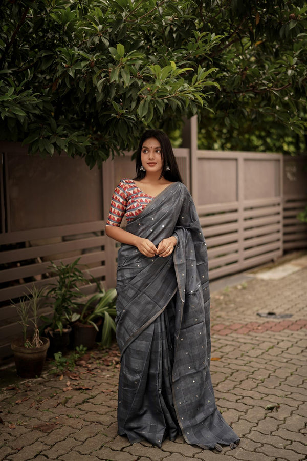 Grey Linen With Zari Weaving Chex Saree.