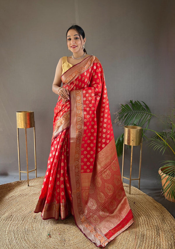 Ruby red rosy soft silk saree - PAHRAVA