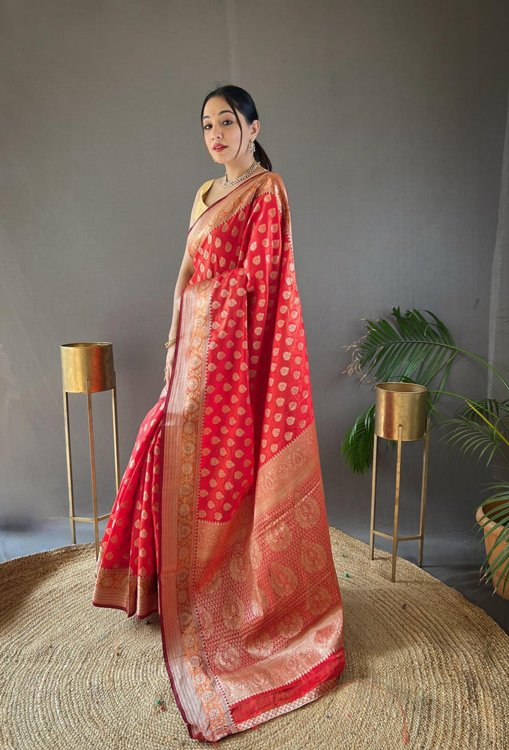 Ruby red rosy soft silk saree - PAHRAVA