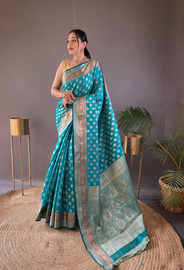 Sea blue rosy soft silk saree - PAHRAVA