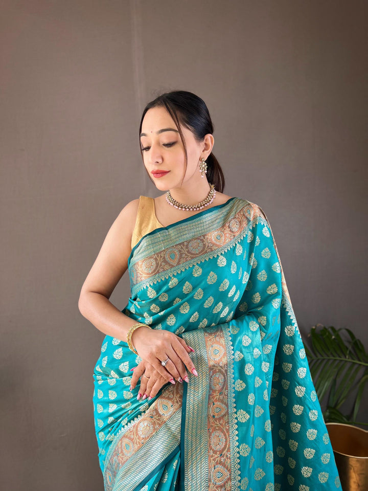 Sea blue rosy soft silk saree - PAHRAVA