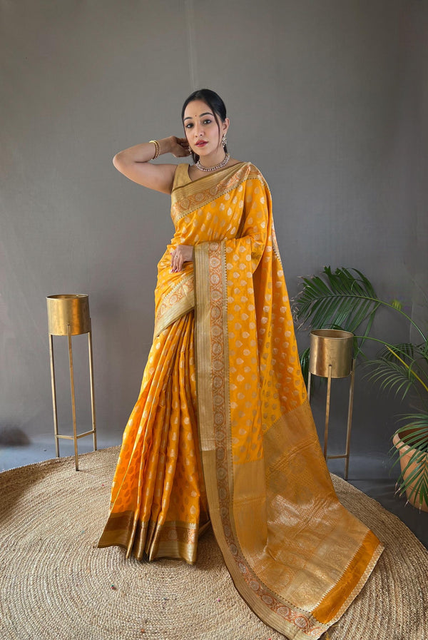 Warm yellow rosy soft silk saree - PAHRAVA