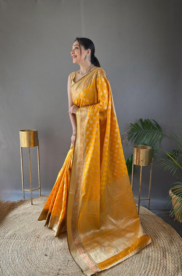 Warm yellow rosy soft silk saree - PAHRAVA