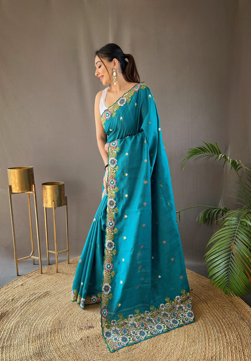 Teal Blue Pure Tussar Silk Saree - PAHRAVA