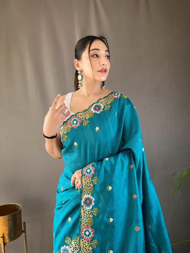 Teal Blue Pure Tussar Silk Saree - PAHRAVA