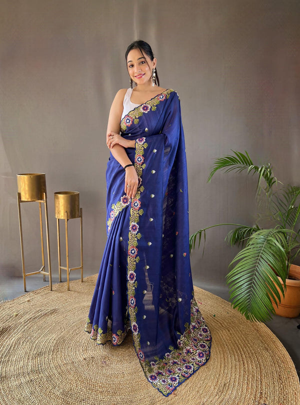 Dark Blue Pure Tussar Silk Saree - PAHRAVA