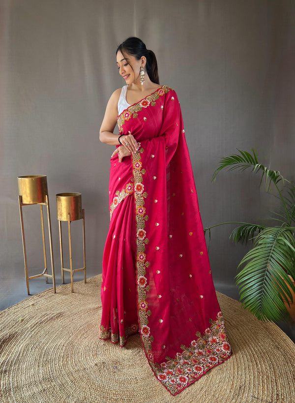 Rani Pink Pure Tussar Silk Saree - PAHRAVA