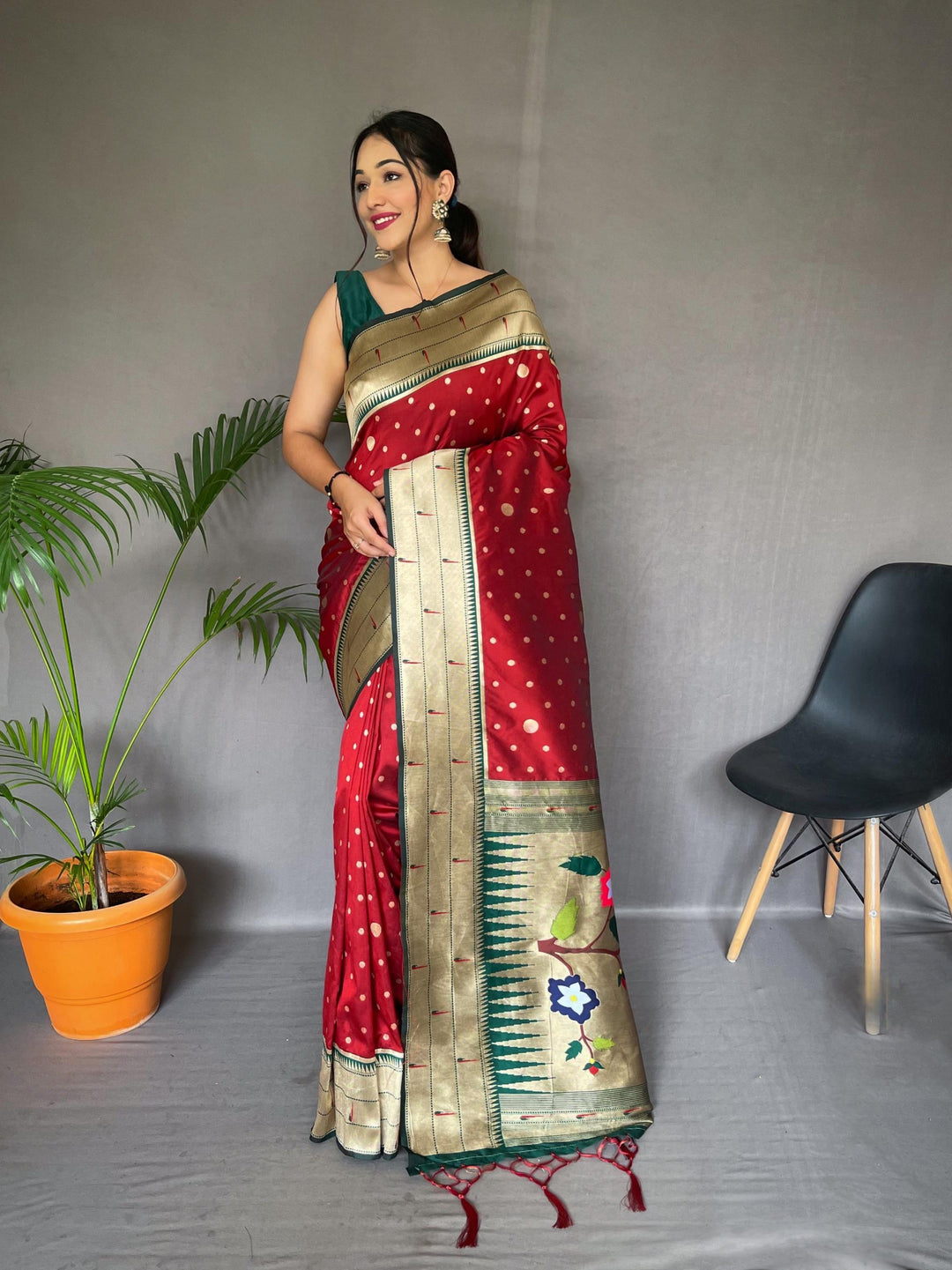 Bold Red Pure Paithani Silk Saree - PAHRAVA