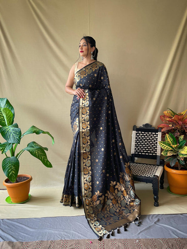 Deep grey soft silk saree with zari weaving - PAHRAVA