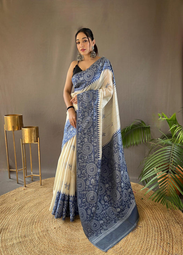 Offwhite with blue tussar silk saree - PAHRAVA