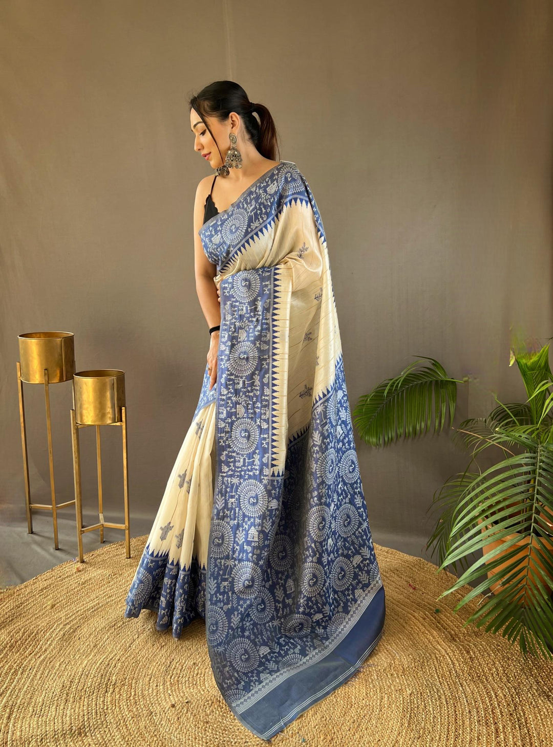 Offwhite with blue tussar silk saree - PAHRAVA