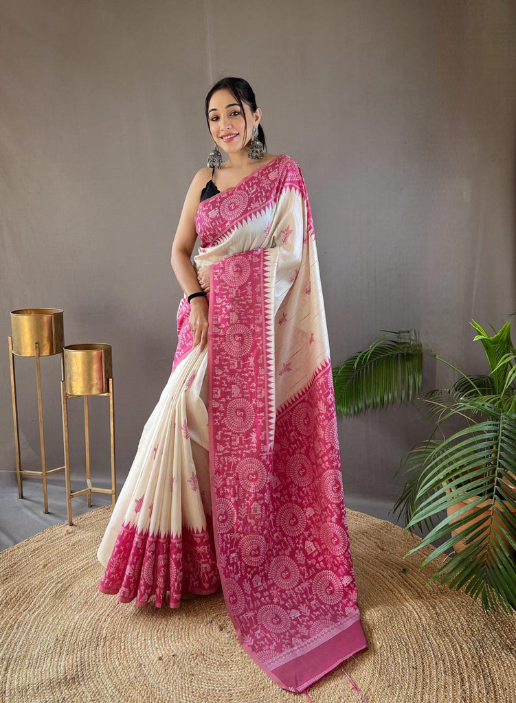 Offwhite with pink tussar silk saree - PAHRAVA