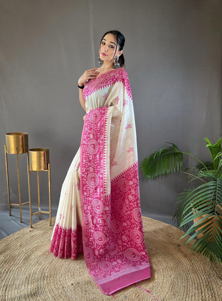 Offwhite with pink tussar silk saree - PAHRAVA