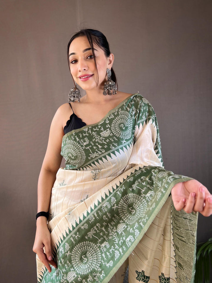 Offwhite with green tussar silk saree - PAHRAVA