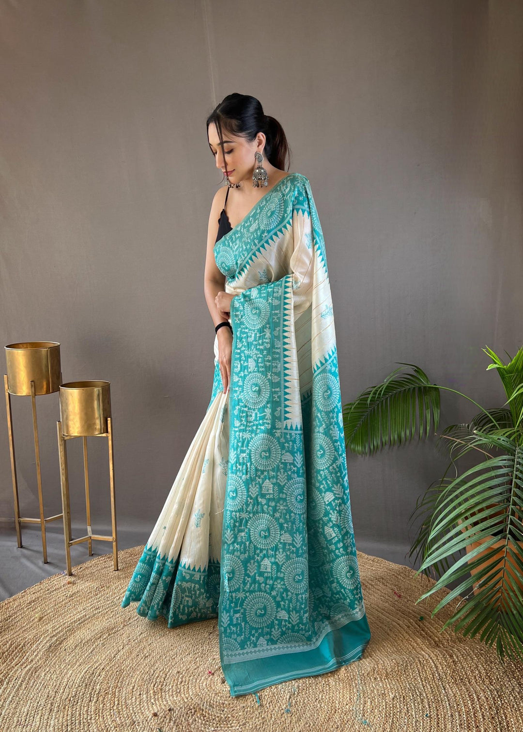 Offwhite with skyblue tussar silk saree - PAHRAVA