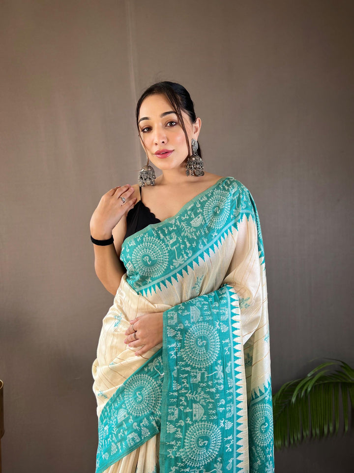 Offwhite with skyblue tussar silk saree - PAHRAVA