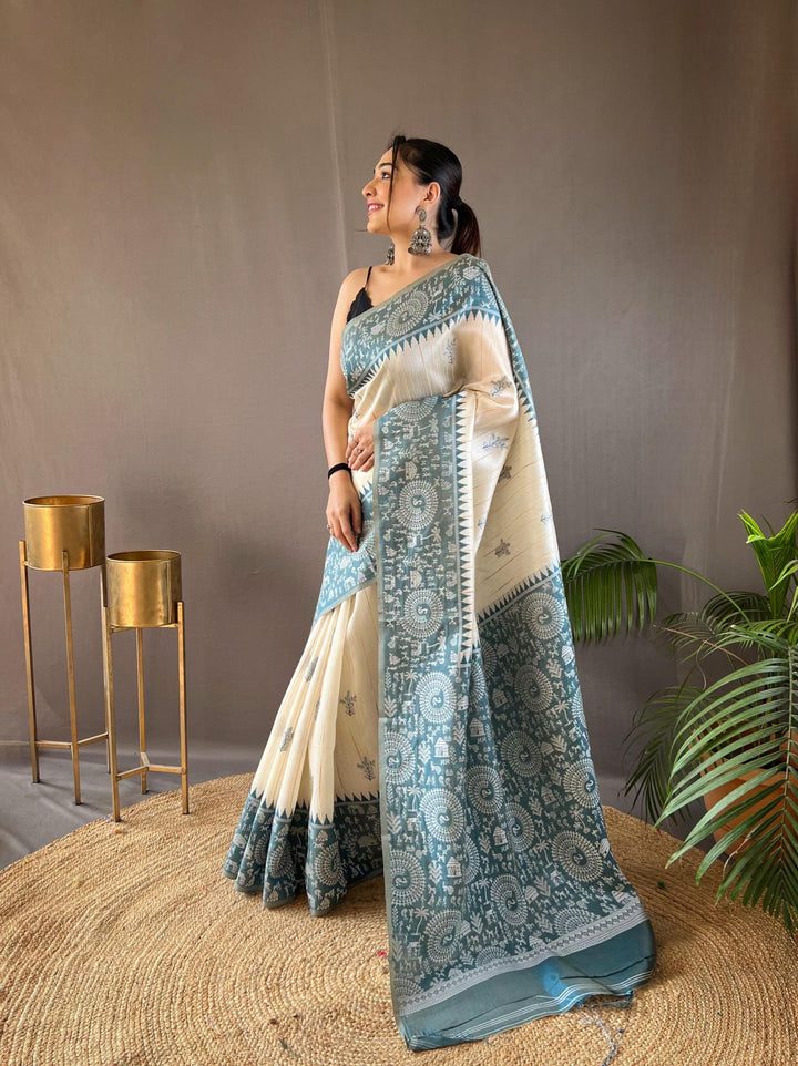 Offwhite with sea blue tussar silk saree - PAHRAVA