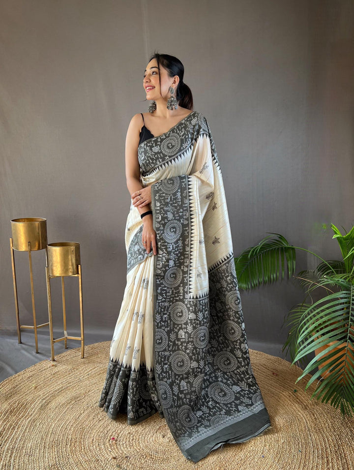 Offwhite with grey tussar silk saree - PAHRAVA