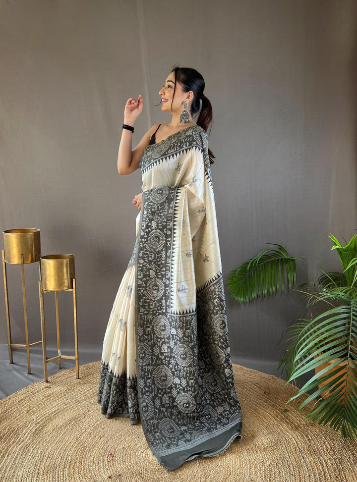 Offwhite with grey tussar silk saree - PAHRAVA