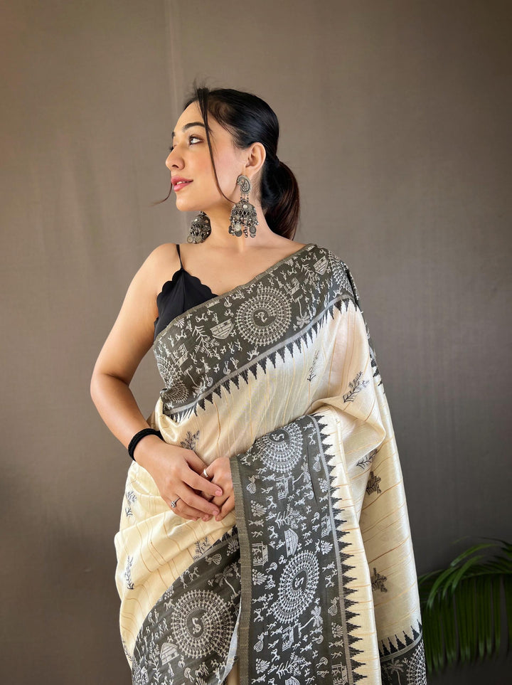 Offwhite with grey tussar silk saree - PAHRAVA