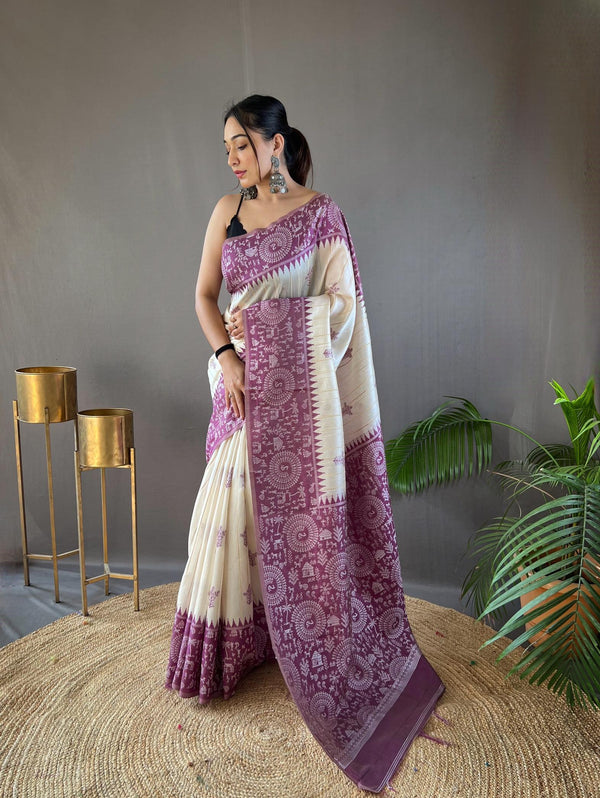 Offwhite with purple tussar silk saree - PAHRAVA