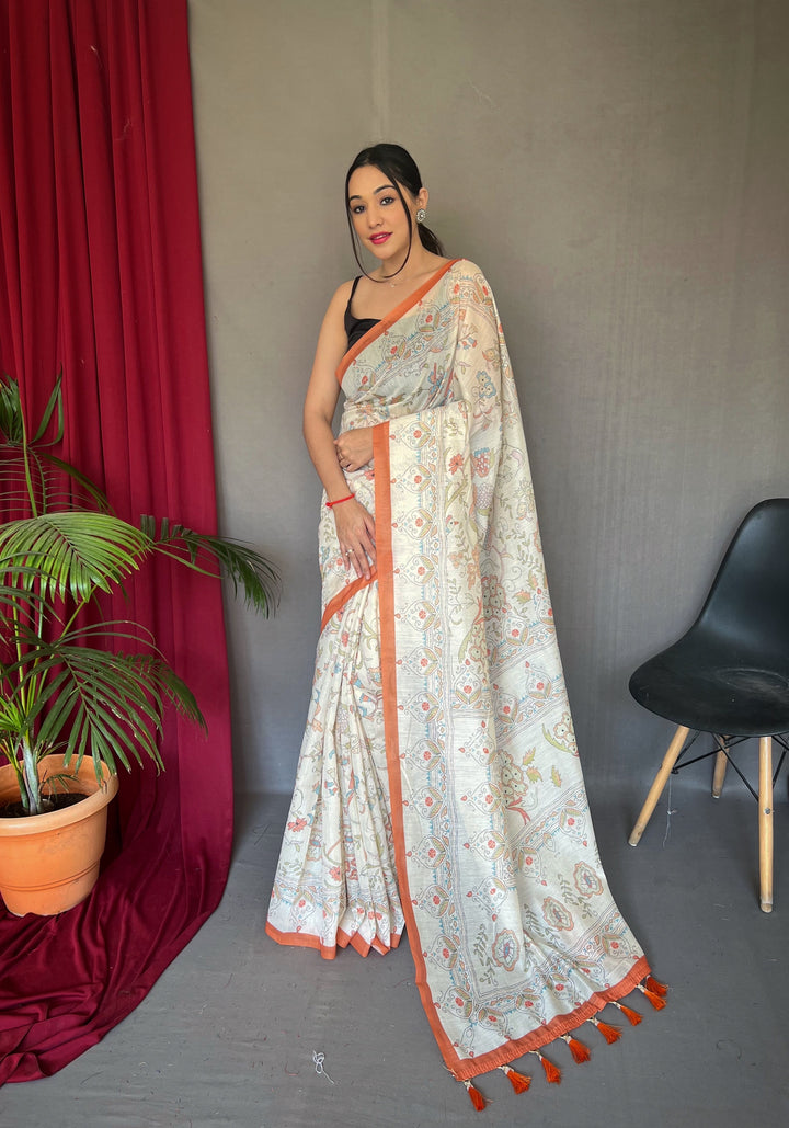 Classy white with orange border Malai Cotton Saree - PAHRAVA