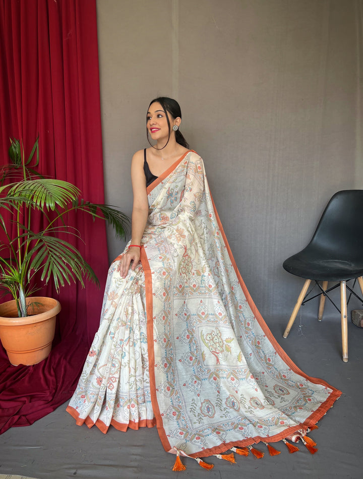 Classy white with orange border Malai Cotton Saree - PAHRAVA