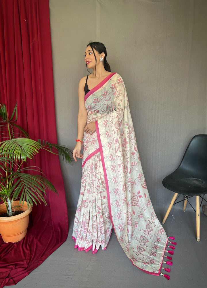 Classy white with Pink border Malai Cotton Saree - PAHRAVA