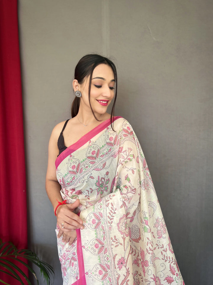 Classy white with Pink border Malai Cotton Saree - PAHRAVA