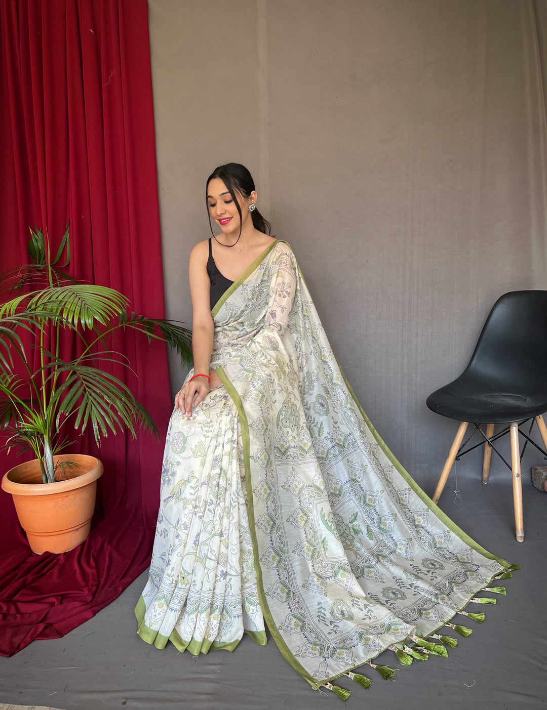 Classy white with Green border Malai Cotton Saree - PAHRAVA