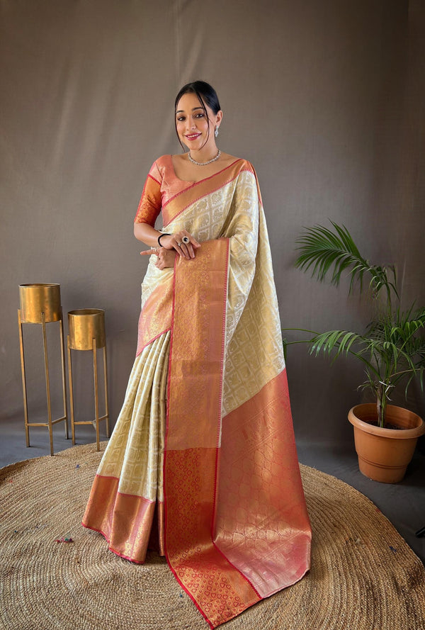 Off White With Orange Border Pattu Silk Saree - PAHRAVA