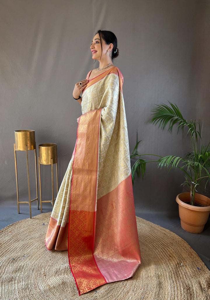 Off White With Orange Border Pattu Silk Saree - PAHRAVA