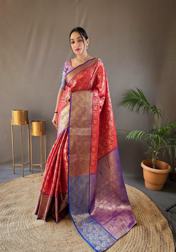 Red With Dark Blue Border Pattu Silk Saree - PAHRAVA