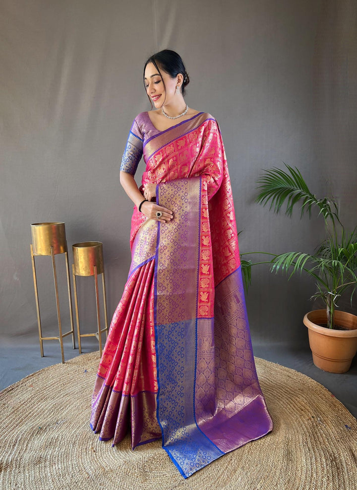 Pink With Dark Blue Border Pattu Silk Saree - PAHRAVA