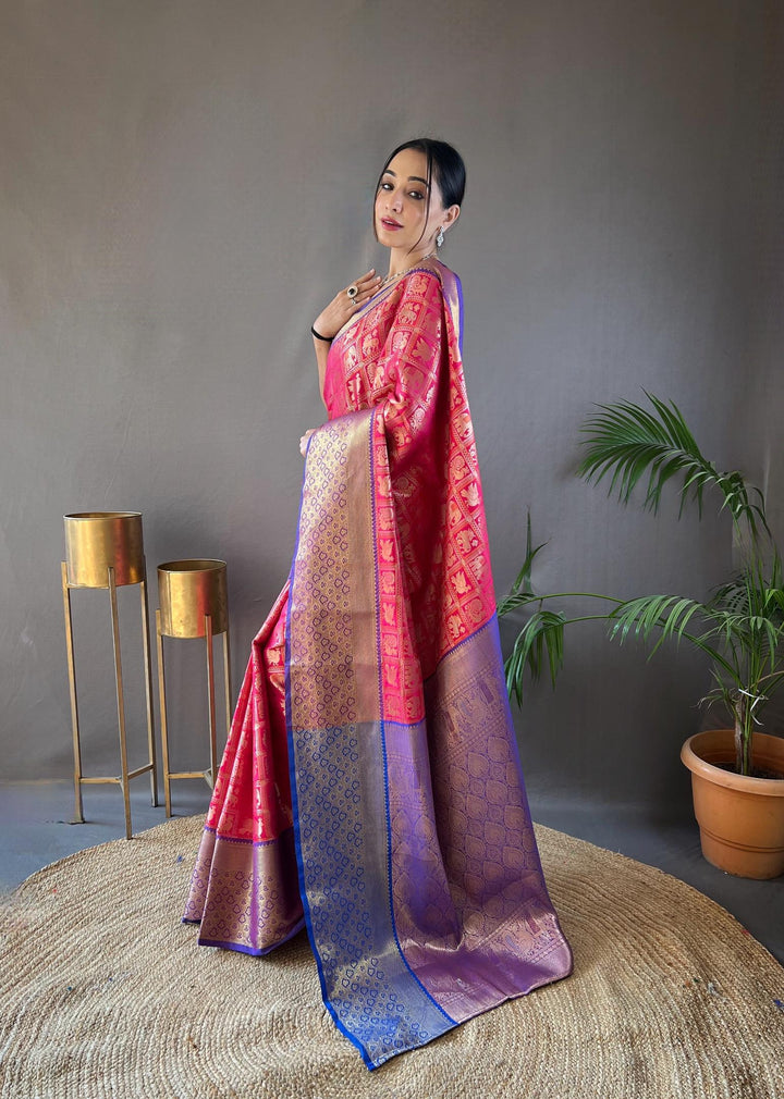 Pink With Dark Blue Border Pattu Silk Saree - PAHRAVA